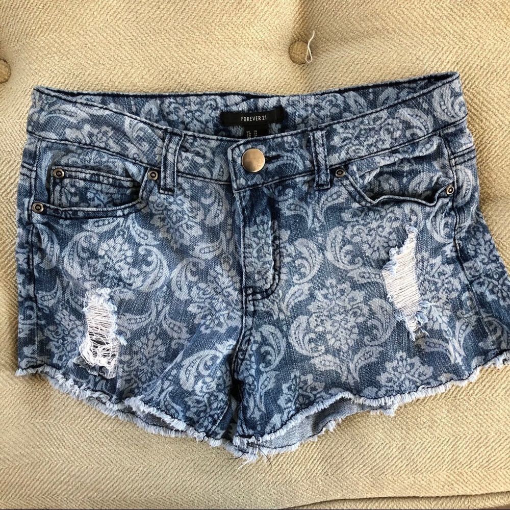 Forever 21 Printed Denim Cut Off Shorts Destroyed
